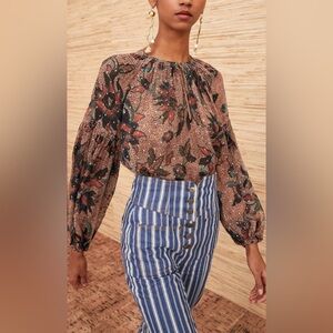 Ulla Johnson Silk Long Sleeve Metallic Bellita Floral‎ Blouse Coral Size 0 XS